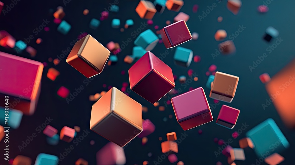 Abstract 3D geometric blocks floating on a dark backdrop. Futuristic design. Abstract 3D geometric blocks floating on a dark backdrop. Futuristic design.