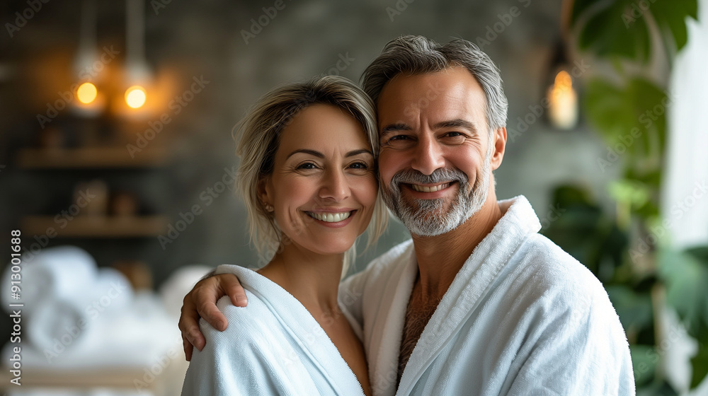 portrait of happy middle aged couple wearing bathrobe in spa salon, portrait of happy middle aged couple wearing bathrobe in spa salon,