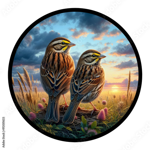 A circular 3D rendered watercolor painting of a male and female Savannah Sparrow, isolated on a transparent background
