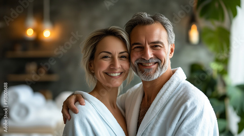 portrait of happy middle aged couple wearing bathrobe in spa salon,  photo