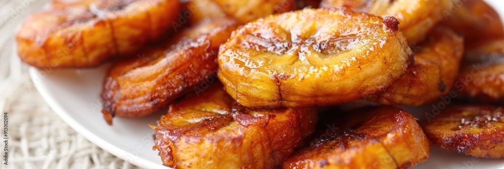 Close up of fried sweet plantains on a plate Close up of fried sweet plantains on a plate