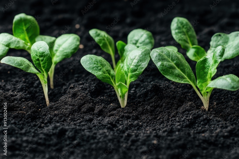 Fresh organic spinach seedlings in fertile soil Fresh organic spinach seedlings in fertile soil