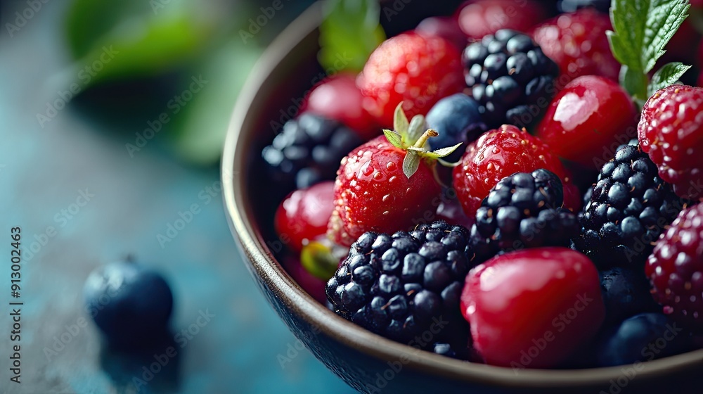 Close-up of a bowl filled with freshly picked berries, with ample empty space for your message. Close-up of a bowl filled with freshly picked berries, with ample empty space for your message.