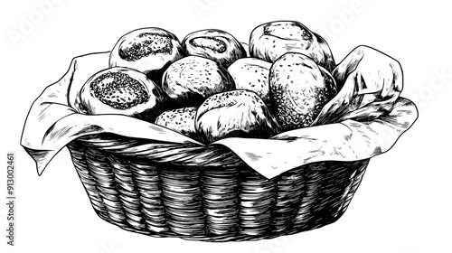 Basket filled with assorted rolls, including whole wheat and sesame, lined with a cloth napkin, vector illustration art