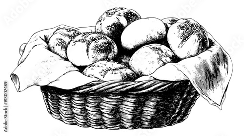 Basket filled with assorted rolls, including whole wheat and sesame, lined with a cloth napkin, vector illustration art