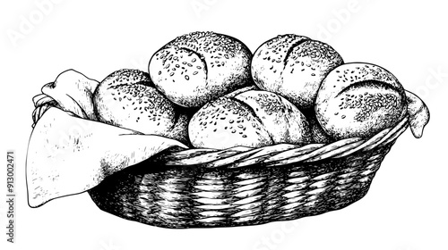 Basket filled with assorted rolls, including whole wheat and sesame, lined with a cloth napkin, vector illustration art