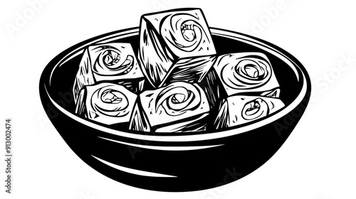 Bowl of halva pieces with pistachio and sesame swirl, on a table, vector illustration art