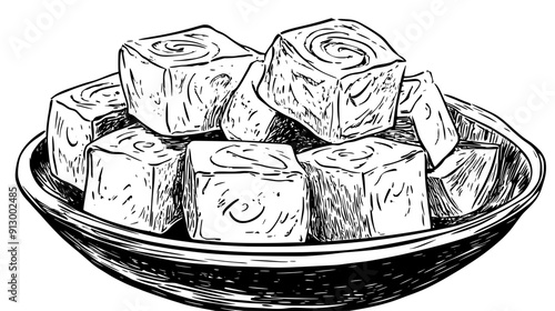 Bowl of halva pieces with pistachio and sesame swirl, on a table, vector illustration art