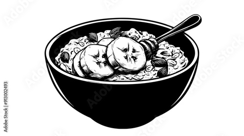 Bowl of oatmeal with sliced bananas, honey drizzle, and a sprinkle of nuts, vector illustration art