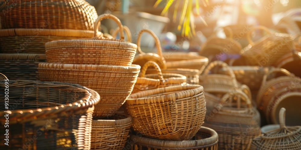 Close up of multiple woven baskets stacked together in warm sunlight showcasing natural materials and intricate craftsmanship exuding rustic charm Close up of multiple woven baskets stacked together in warm sunlight showcasing natural materials and intricate craftsmanship exuding rustic charm