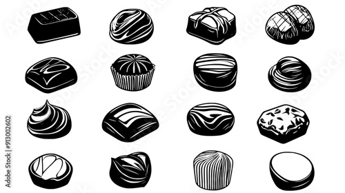 Collection of chocolate pralines with unique shapes and fillings, vector illustration art