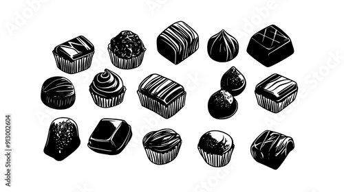 Collection of chocolate pralines with unique shapes and fillings, vector illustration art