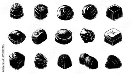 Collection of chocolate pralines with unique shapes and fillings, vector illustration art