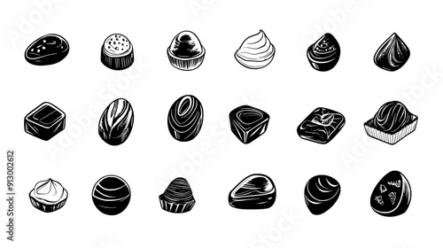Collection of chocolate pralines with unique shapes and fillings, vector illustration art