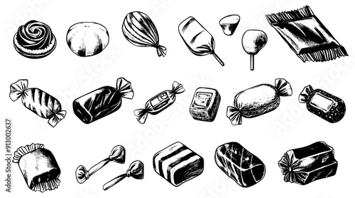 Collection of candy wrappers, showcasing various shapes and sizes for individual candies, vector illustration art