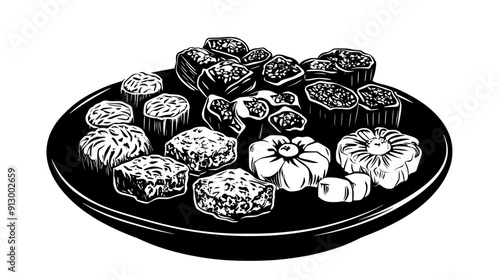 Collection of Indian sweets, including laddus, jalebi, and barfi, on a platter, vector illustration art