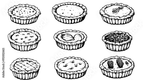 Collection of mini pies with decorative crusts and visible fillings, vector illustration art