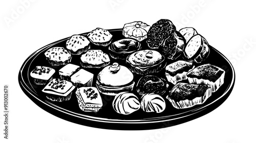 Collection of Indian sweets, including laddus, jalebi, and barfi, on a platter, vector illustration art