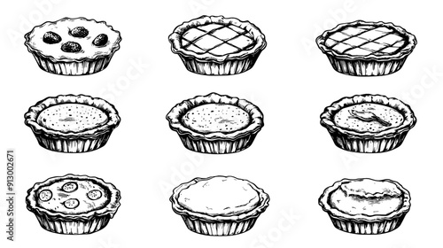 Collection of mini pies with decorative crusts and visible fillings, vector illustration art