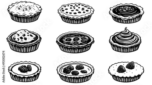Collection of mini pies with decorative crusts and visible fillings, vector illustration art