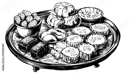 Collection of Indian sweets, including laddus, jalebi, and barfi, on a platter, vector illustration art