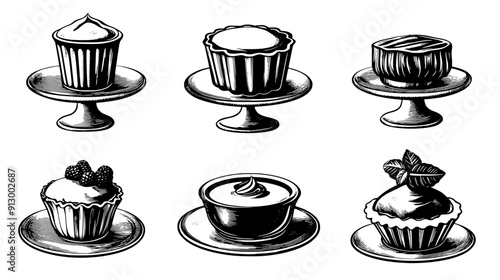 Old-fashioned desserts like jelly molds and custard in vintage setting, vector illustration art
