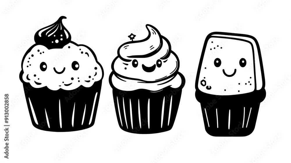 Cupcake, marshmallow, and chocolate piece, each characterized by a unique, friendly face, vector illustration art Cupcake, marshmallow, and chocolate piece, each characterized by a unique, friendly face, vector illustration art