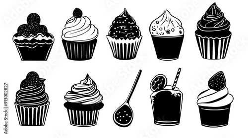 Collection of sweets including a cupcake, doughnut, and mousse displayed in an orderly fashion, vector illustration art