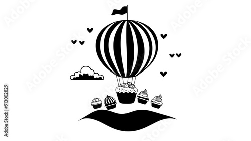 Cupcake hot air balloon carrying candy passengers, flying above a land made of desserts, vector illustration art