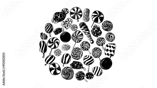 Decorative display of mixed candies in a circular format, vector illustration art