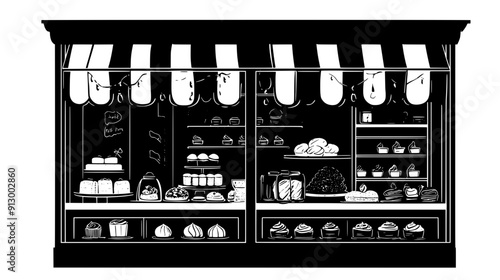 Traditional bakery window showcasing classic pastries and cakes, vector illustration art