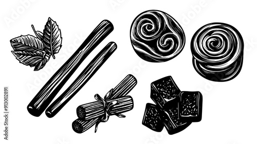 Traditional sweets like licorice and peppermint in vintage style, vector illustration art