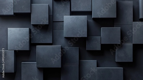 Abstract arrangement of geometric blocks in 3D render on a dark background.