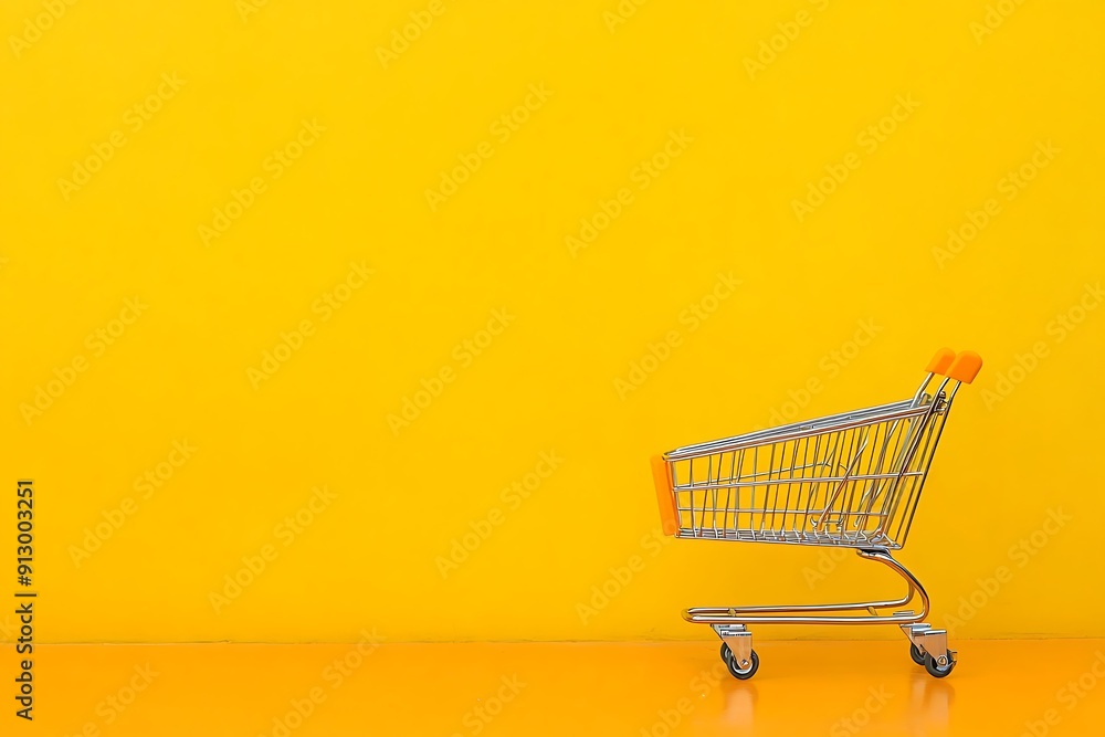 An empty shopping cart set against a vibrant yellow-orange background with ample negative space for text An empty shopping cart set against a vibrant yellow-orange background with ample negative space for text