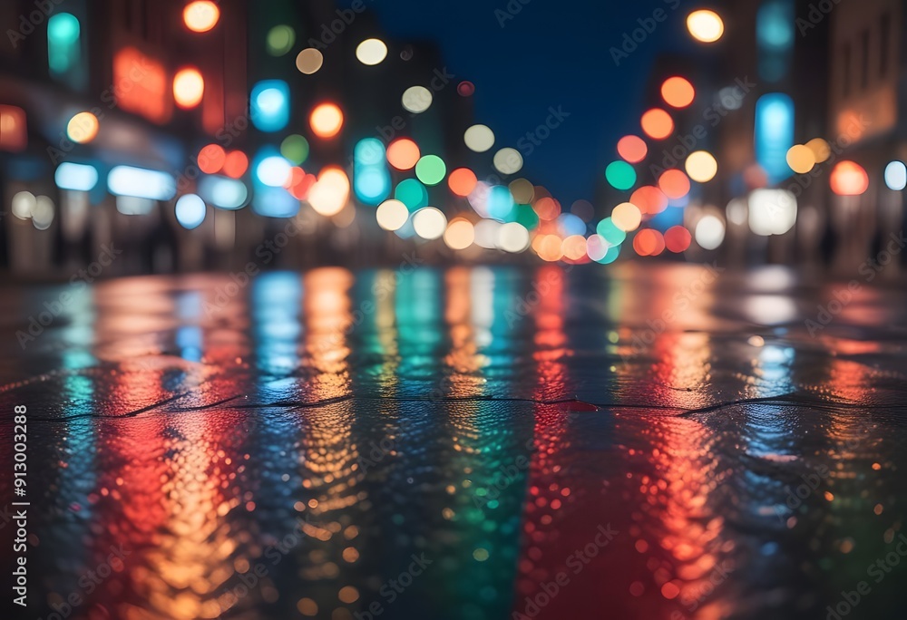 Wet city street at night with colorful blurred lights reflecting on the pavement Wet city street at night with colorful blurred lights reflecting on the pavement