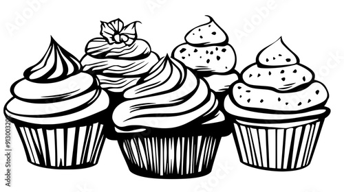 Group of cupcakes with piped frosting and smooth tops, vector illustration art