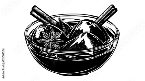 Glass dish of poached pears in syrup, garnished with a cinnamon stick and star anise, vector illustration art