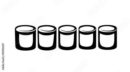 Group of five cylindrical marshmallows, positioned upright in a neat row, vector illustration art