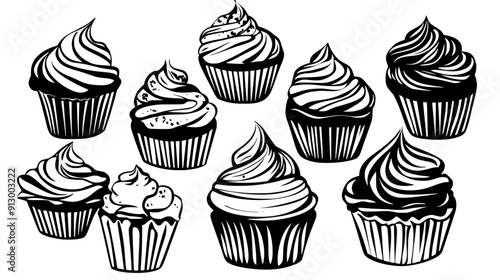 Group of cupcakes with piped frosting and smooth tops, vector illustration art