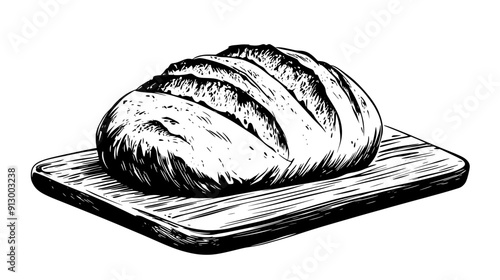 Loaf of sourdough bread with a crusty exterior, placed on a cutting board, vector illustration art