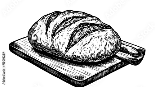 Loaf of sourdough bread with a crusty exterior, placed on a cutting board, vector illustration art