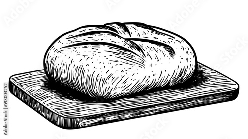 Loaf of sourdough bread with a crusty exterior, placed on a cutting board, vector illustration art