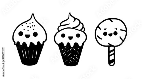 Muffin, ice cream cone, and candy cane with eyes and mouths, arranged in a row, vector illustration art