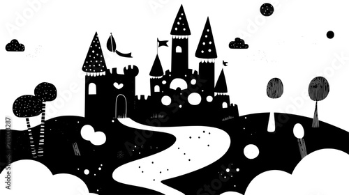 Magical landscape with a candy castle, gingerbread paths, and marshmallow clouds, vector illustration art