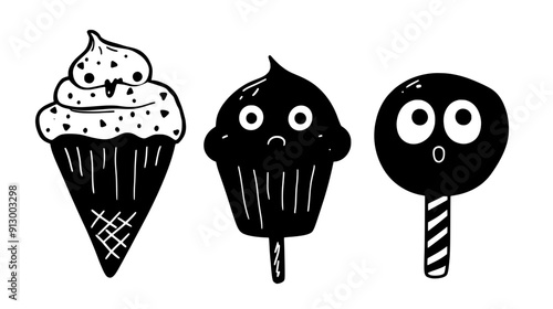 Muffin, ice cream cone, and candy cane with eyes and mouths, arranged in a row, vector illustration art