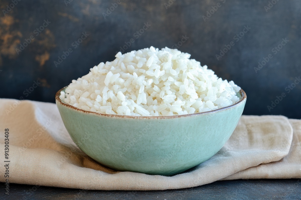 Freshly steamed white rice in ceramic bowl on rustic background Freshly steamed white rice in ceramic bowl on rustic background