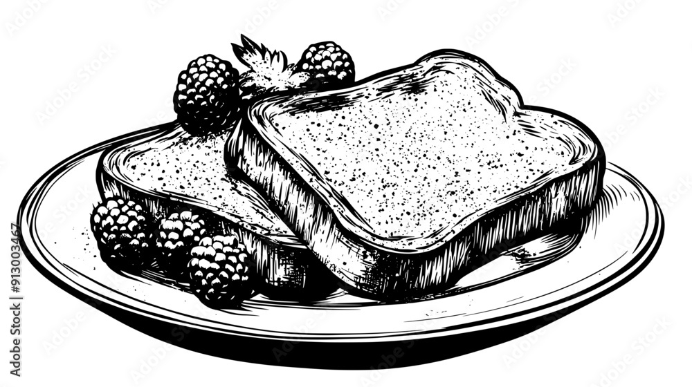 Plate with French toast slices, powdered sugar, and a side of berries, vector illustration art Plate with French toast slices, powdered sugar, and a side of berries, vector illustration art