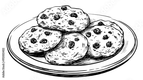 Plate of oatmeal cookies showing texture from oats and raisins, vector illustration art