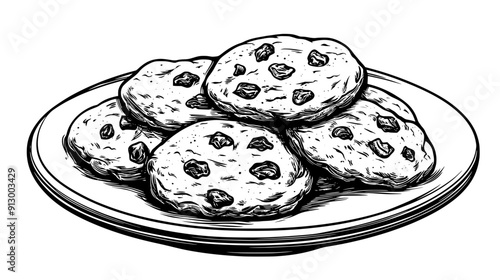 Plate of oatmeal cookies showing texture from oats and raisins, vector illustration art