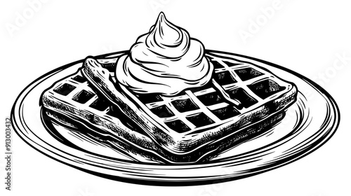 Plate of waffles with whipped cream and maple syrup drizzle, vector illustration art
